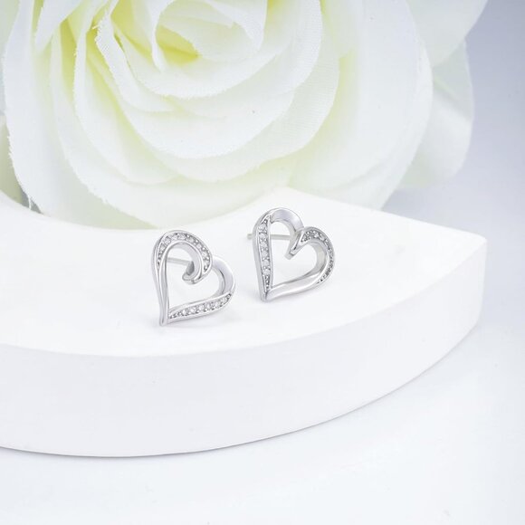 Heart Shaped Sterling Silver Cubic Zirconia Stud Earrings for Women - Hypoallerg - Picture 4 of 6